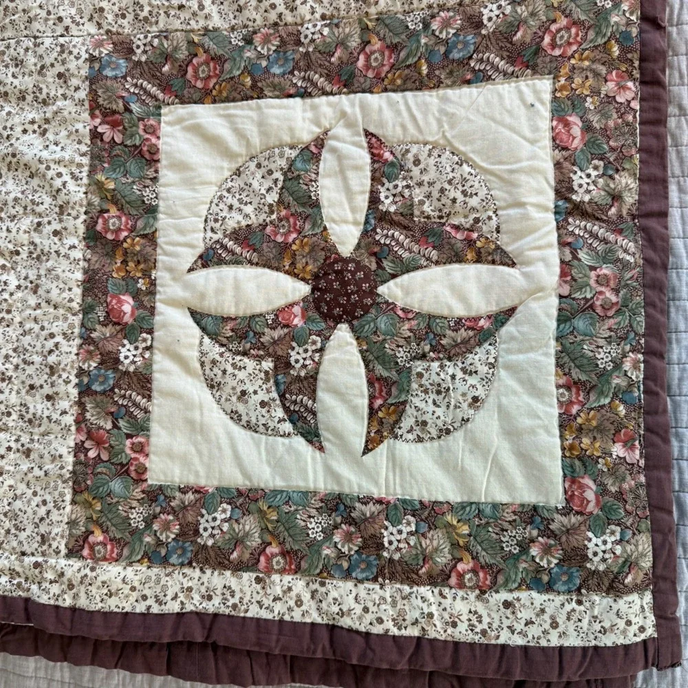 Handmade Floral Patchwork Quilt Applique Country Cottagecore Cream Burgundy